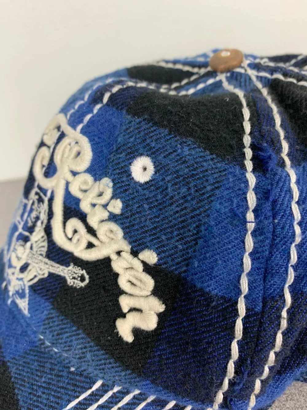 True Religion Distressed Blue Plaid Hat